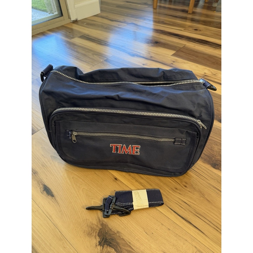 Vtg TIME Magazine Navy Blue Messenger Shoulder Bag Travel Work Adjustable Strap